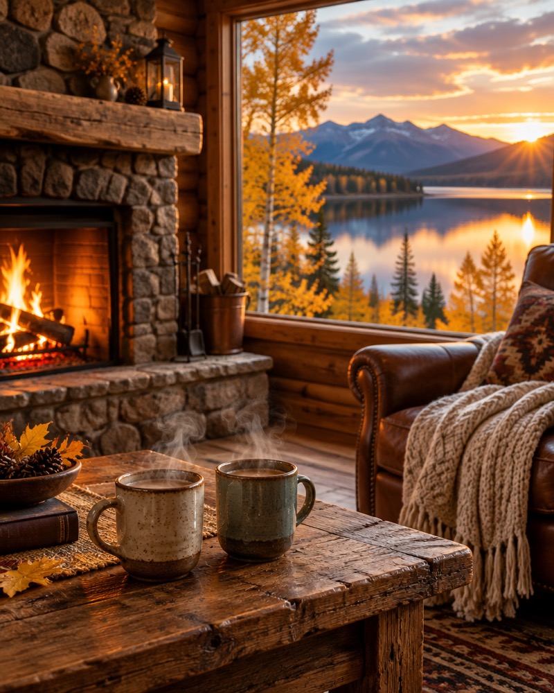 A cabin with a lit fireplace and a lake view, with the words Only 2 October weekends left on it (sample)