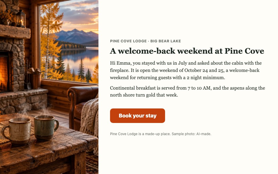 A sample guest email from Pine Cove Lodge: a fireplace photo, a note to Emma about the cabin being open October 24 and 25, breakfast times, and a Book your stay button