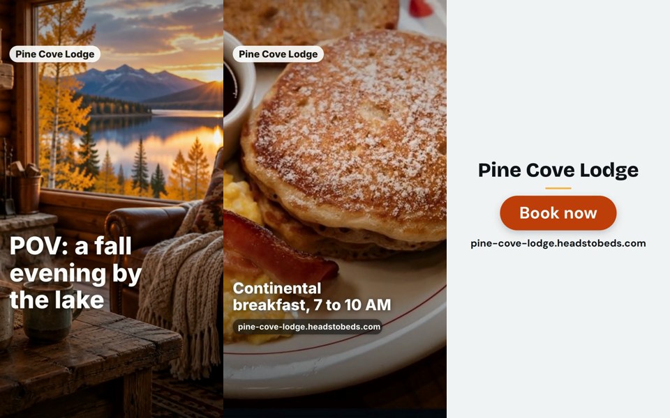 Three frames from a 15-second sample video for Pine Cove Lodge: a hook over a fireside lake view, a breakfast plate with the breakfast times, and the Book now end card with the booking link
